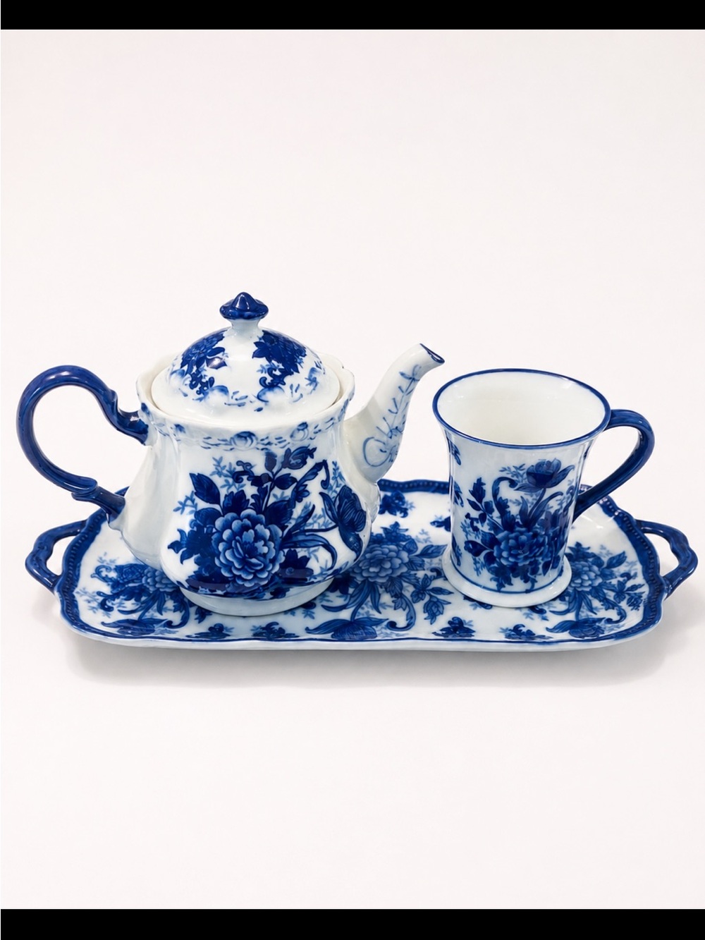 Blue Floral Porcelain Teapot, Cup & Tray Set